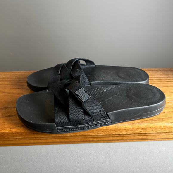 FITFLOP BLACK MIX iQUSHION MULTI STRAP SLIDES SANDALS SHOES SIZE 10‎ - Picture 1 of 7